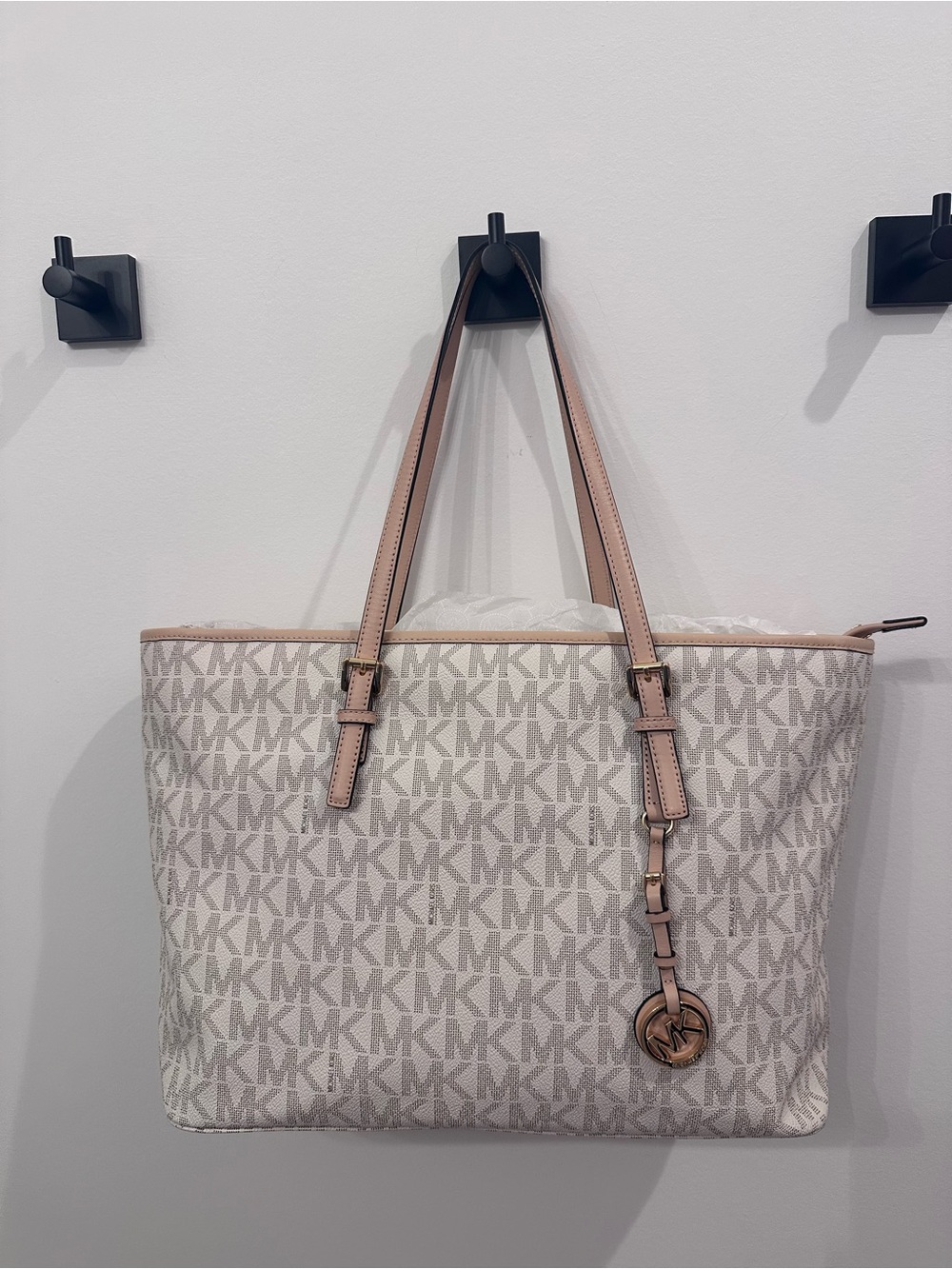 Michael Kors Cream MK Signature Tote with Blush Trim